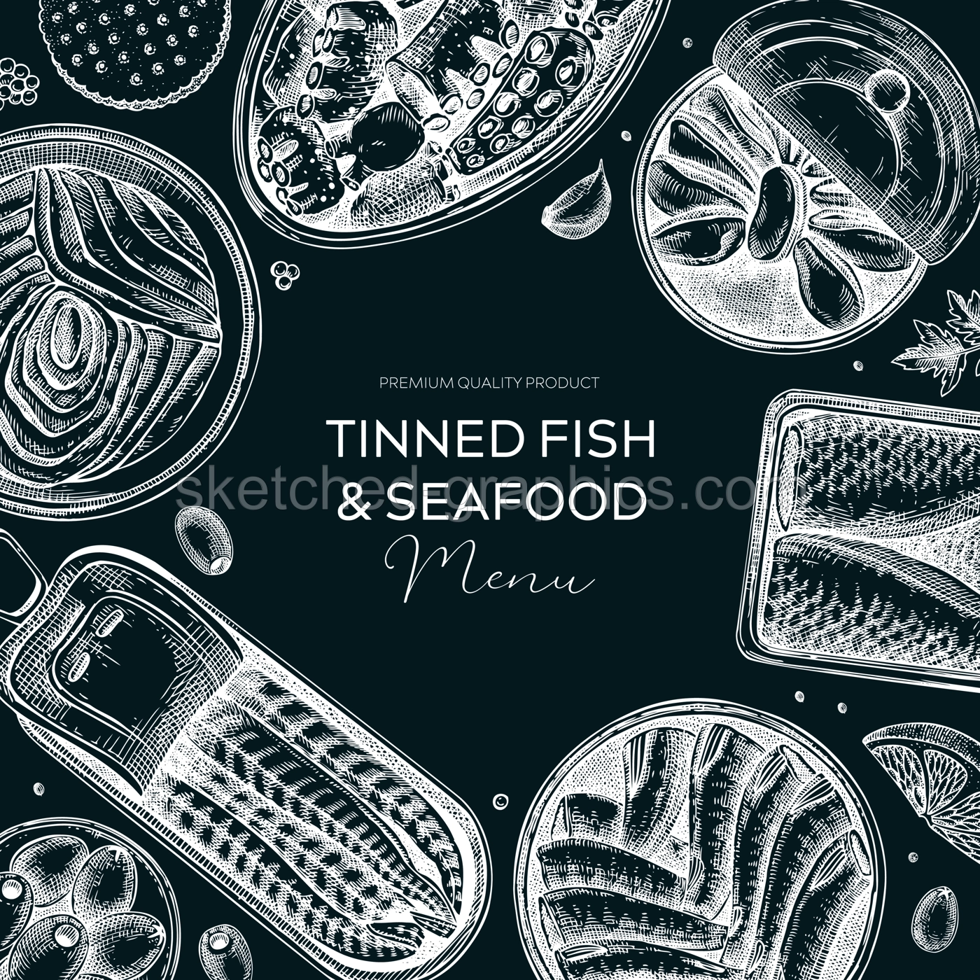 Tinned fish table design. Hand-drawn seafood restaurant frame in sketch style. Canned fish and shellfish on a chalkboard. Vintage sardines, caviar, mackerel, tuna, mussels vector food illustration Illustration